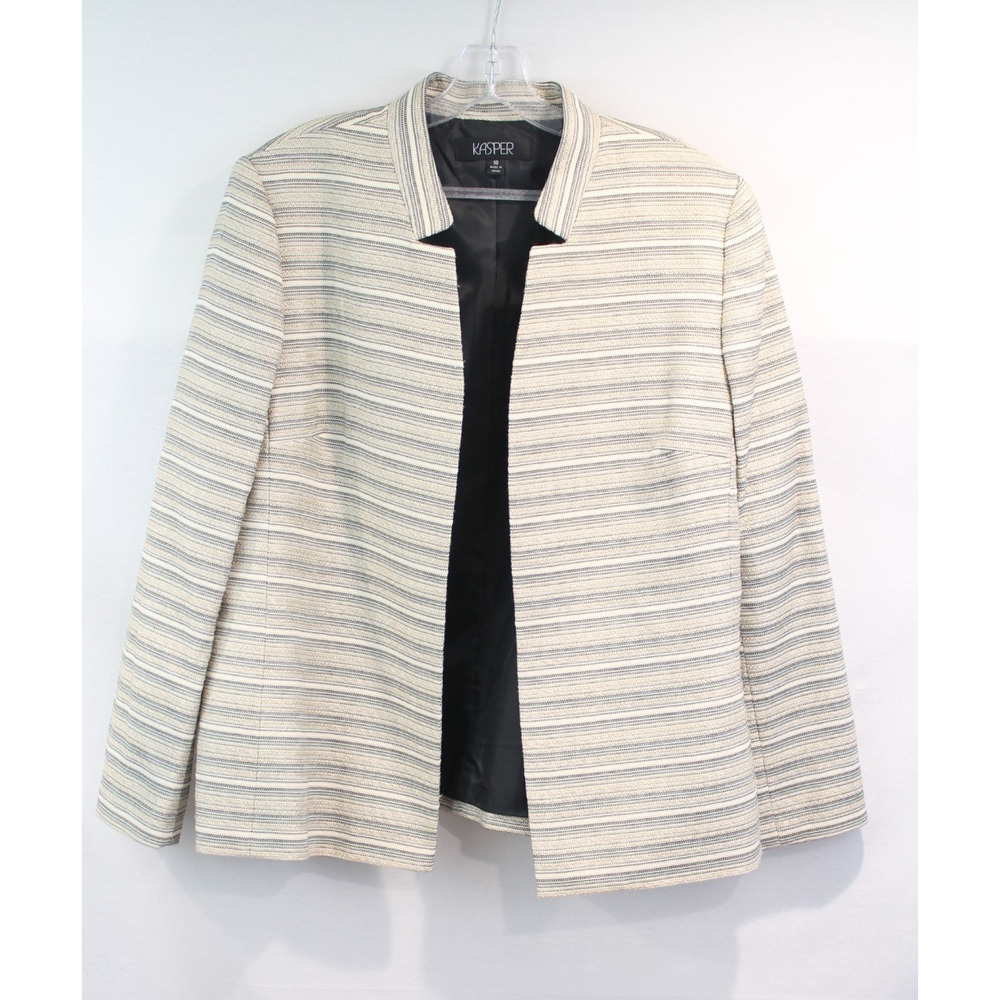 Kasper Blazer Open Beige Striped Textured Lined Jacket Womens size 18
